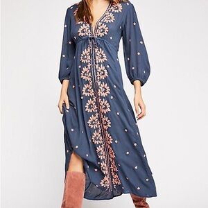 Free People Fable Embroidered Slate Blue Dusk Dress Small NWOT